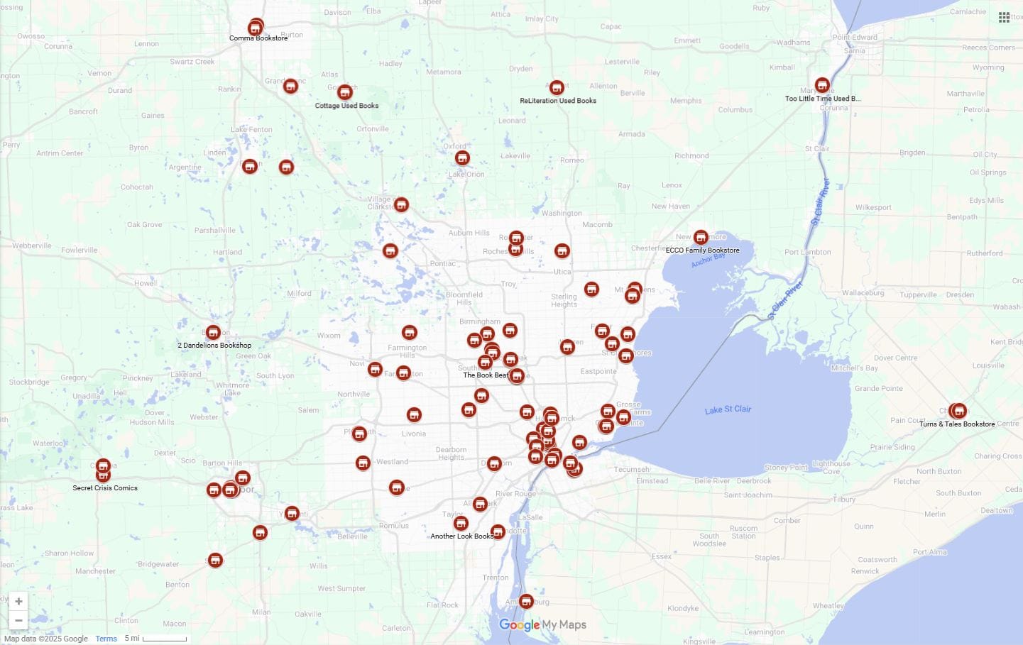 Show Your Participation in our 2025 Bookstore Tour Image 1 Map of Metro Detroit plotted with bookstore Icons