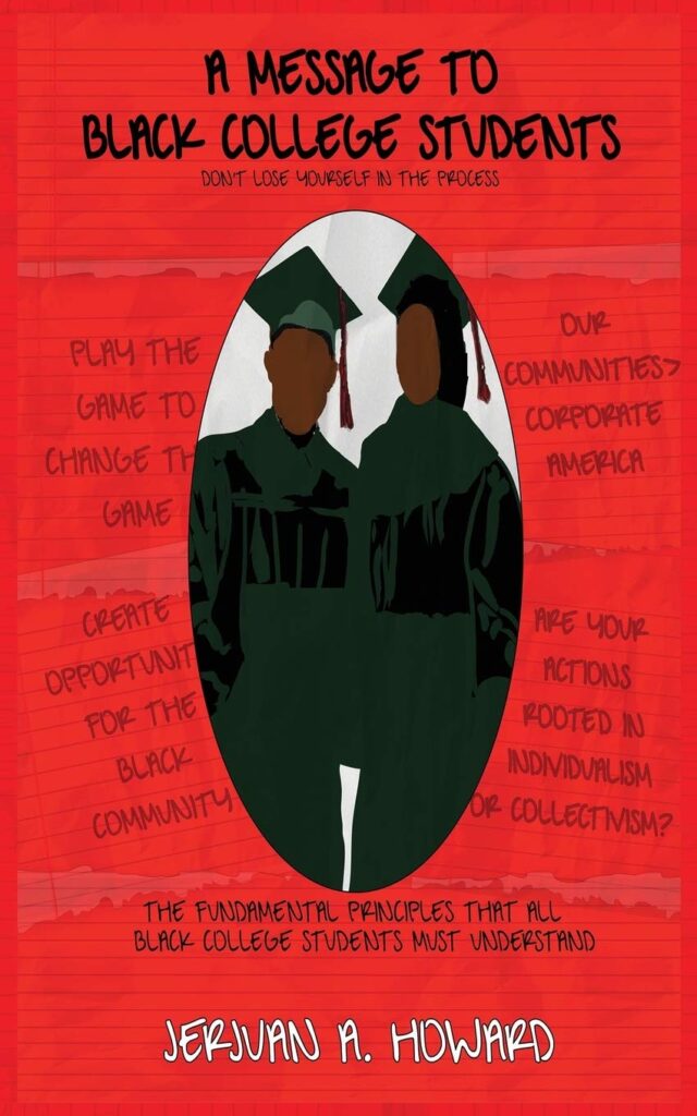 Red book cover featuring a drawing of 2 black people with graduation caps and gowns.